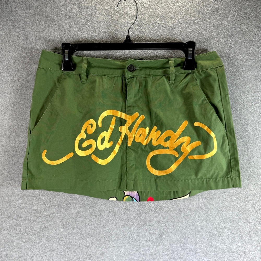 Ed Hardy Lks Heart Skirt Womens Medium Olive Green Graphic‎ Print Slash Pockets